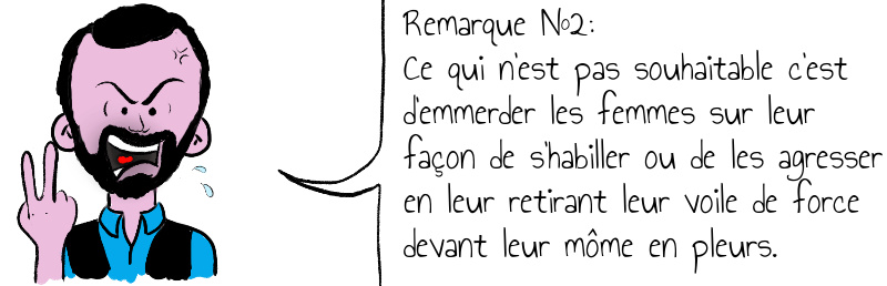 Remarque N 2 Ce qui n est pas souhaitable c est d emmerder les femmes sur leur façon de s habiller ou de les agresser en leur retirant leur voile de force devant leur môme en pleurs .jpg